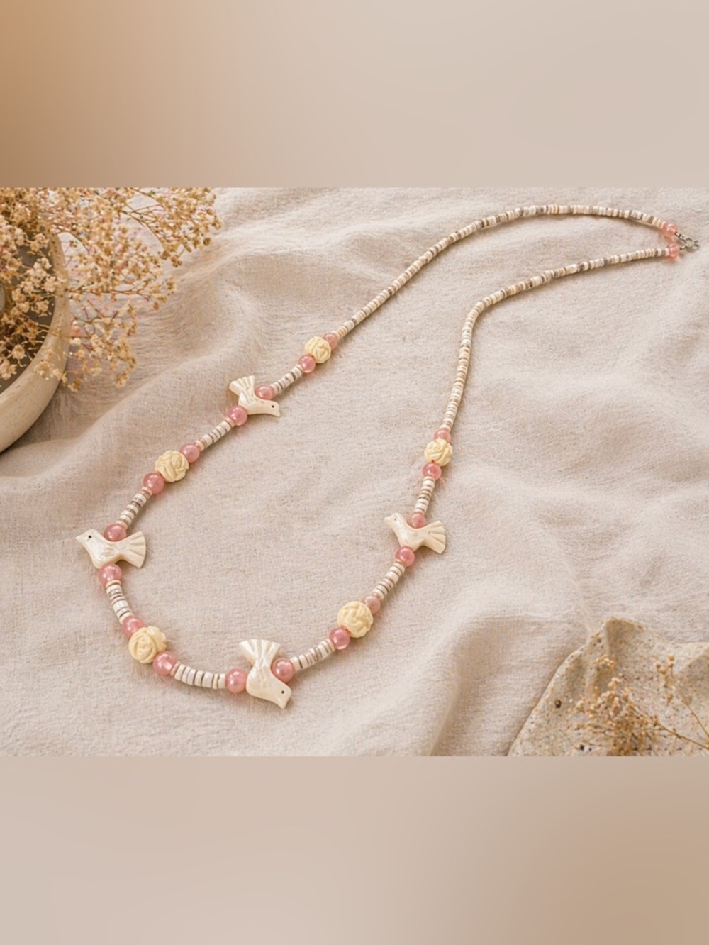 Mother of Pearl Zuni Bird Heishi Necklace 21” | Pink Cream Beaded Fetish Style